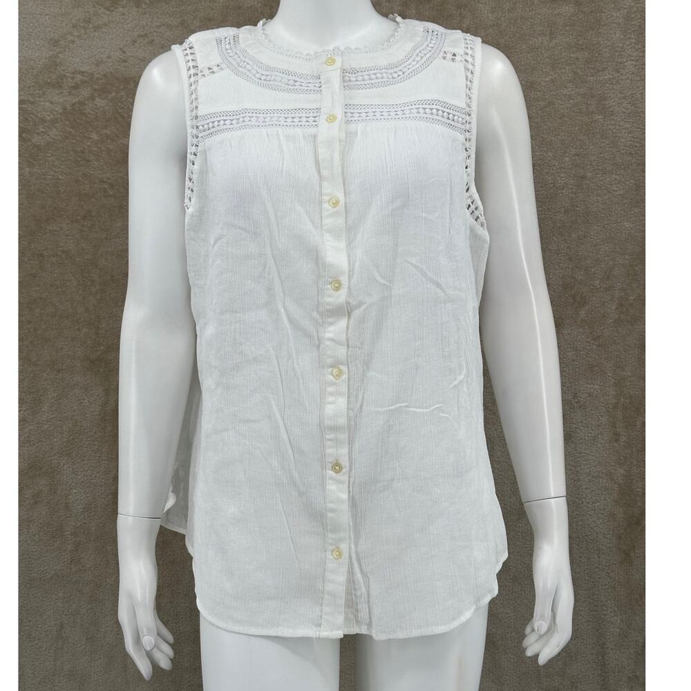 Ann Taylor LOFT Top Womens Large Cream Sleeveless 100% Cotton Gauzy Beachy Boho